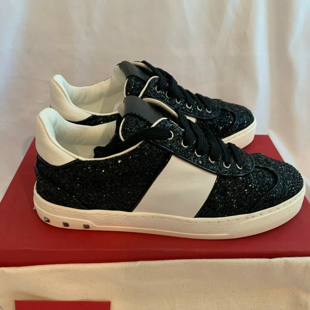 Valentino Garavani Glitter Studded Lace Up Sneakers NEW Size 36.5 (US 6) Black